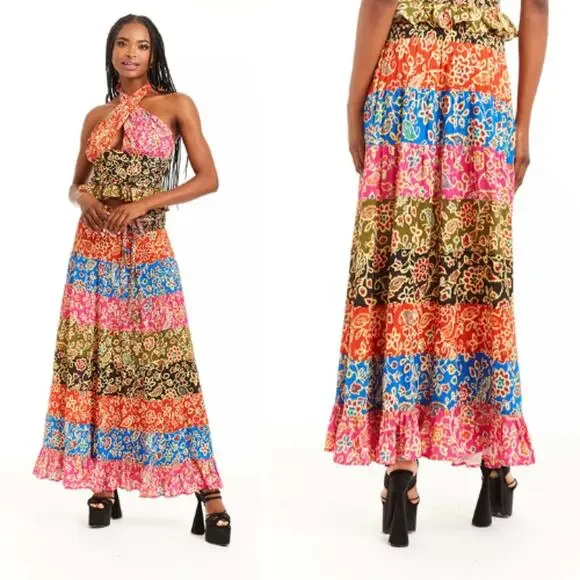 NEW Love The Label Tiered Braided Belt Romy Maxi Skirt Alesandra Mix - Picture 1 of 7